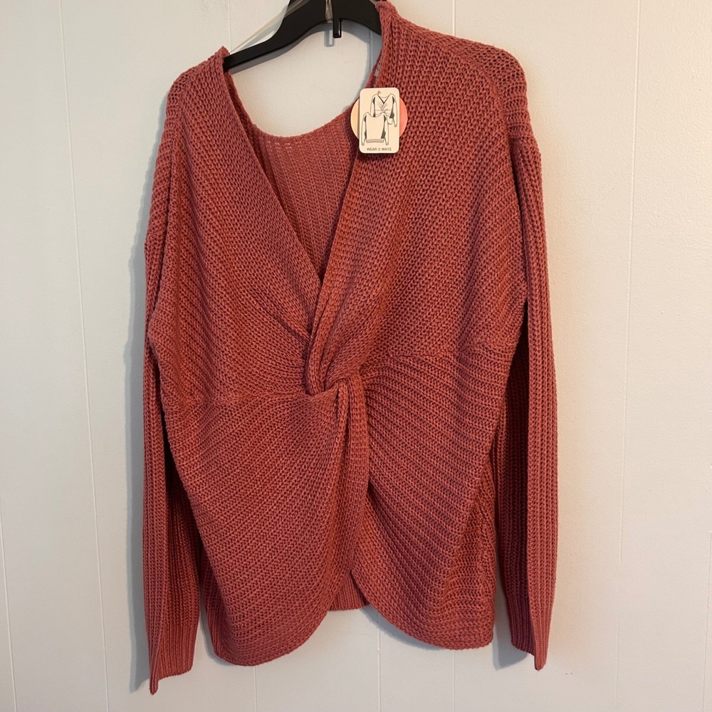 Full Circle Trends Women 2X Reversible Twist Front Knit Sweater Dusty Rose Mauve